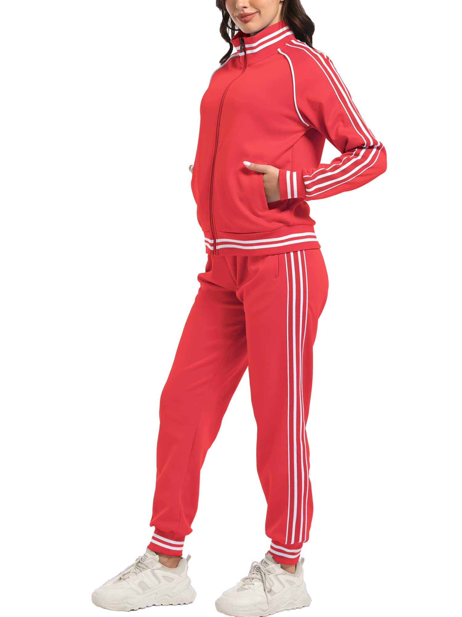 ANOTWENER Damski dres treningowy w paski, zestaw 2 sztuk, z zamkiem błyskawicznym, bluza i spodnie dresowe, strój treningowy z kieszeniami