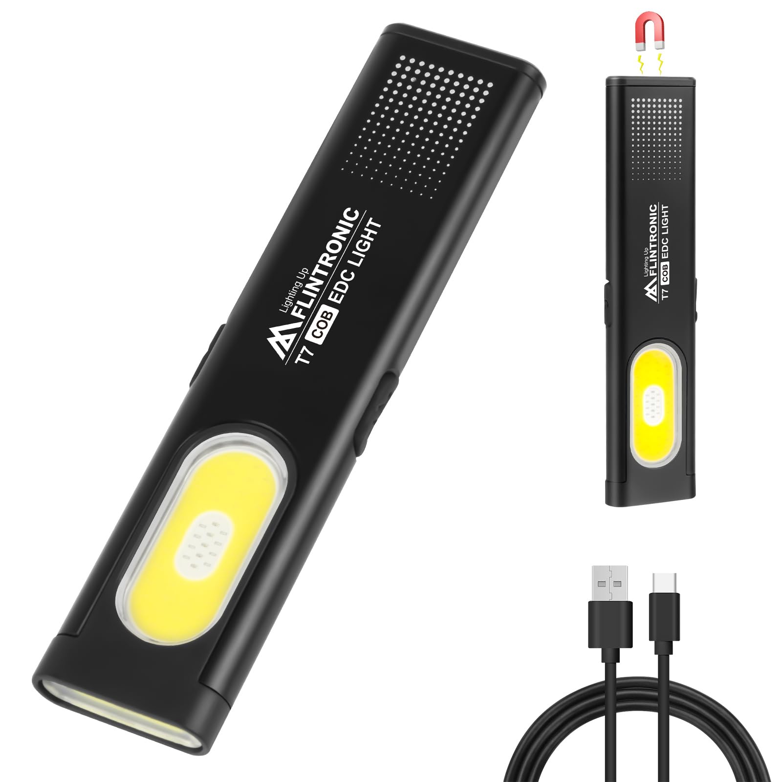flintronic Lampa robocza LED, mini latarka, typ C, lampa robocza z możliwością ponownego ładowania, lampa kontrolna COB z magnesem i klipsem, 6 trybów jasności, na kemping, wędrówki, do domu