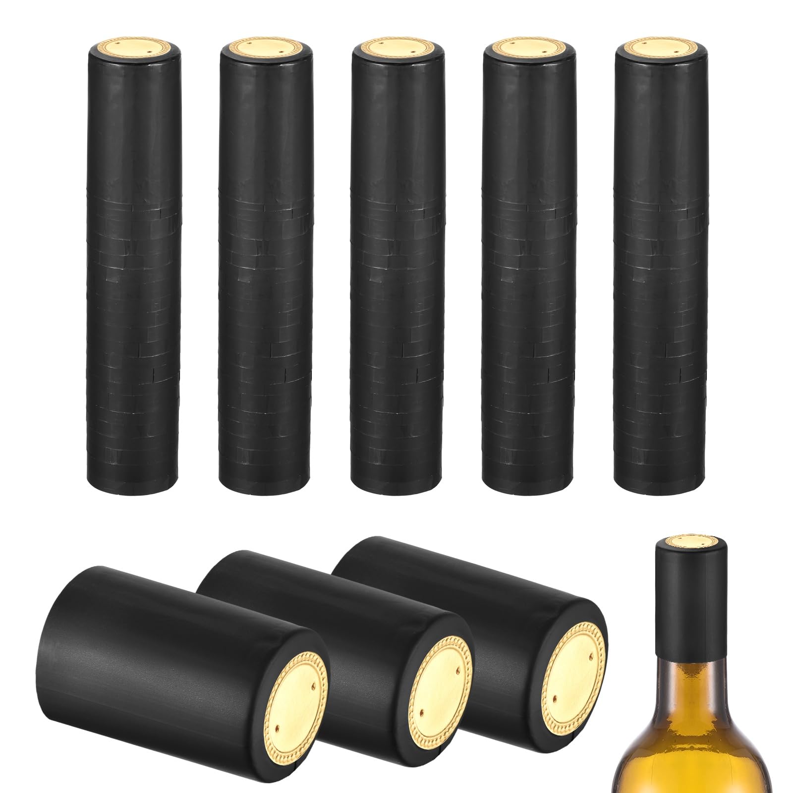sourcing map 150Pcs PVC Heat Shrink Capsules, 32mm x 50mm Wine Bottle Capsules Shrink Wrap Sleeves Bottle Corks Caps for Wine Making Cellars and Home Kitchen, Gold/Black
