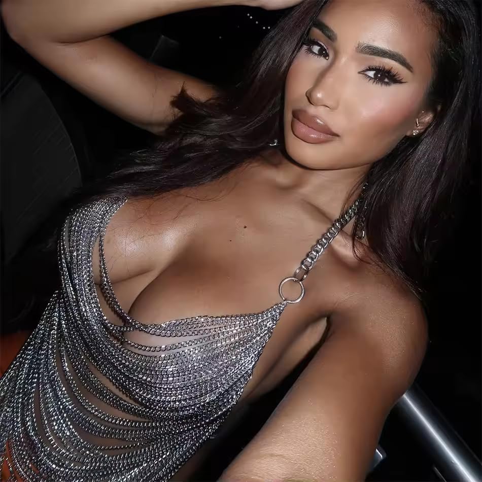 AIBEARTY Women's Sexy Multi-Layer Metal Chain Crop Tops Hollow Out Halter Backless Tassel Camisoles for Rave Party Club - Image 4