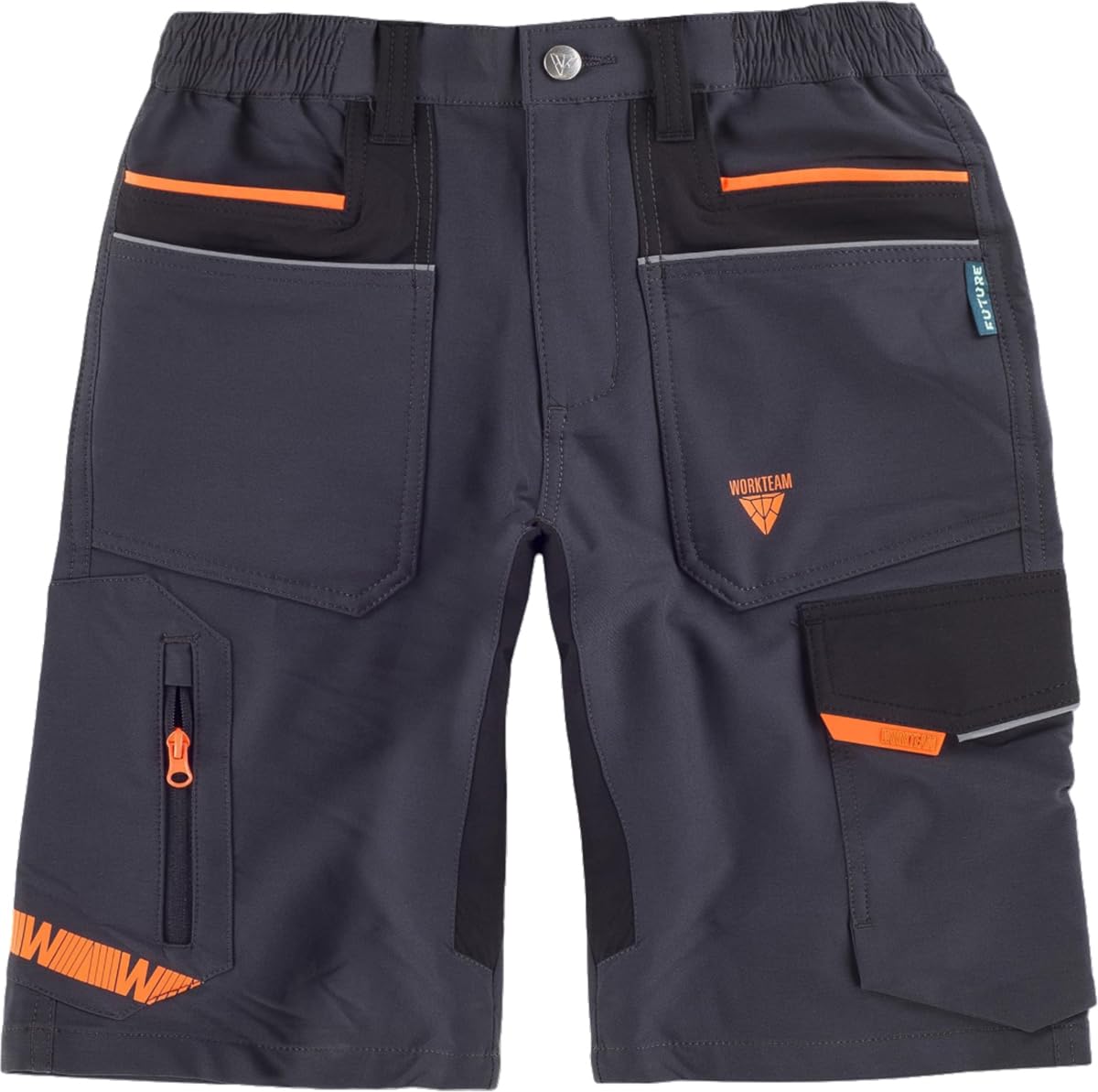 WORKTEAM Pantalón Corto de Trabajo Elástico en 4 Direcciones, Bermuda de Trabajo Elástica, Multibolsillos, Vivos Reflectantes, Cintura Elástica y Alta Resistencia. Hombre