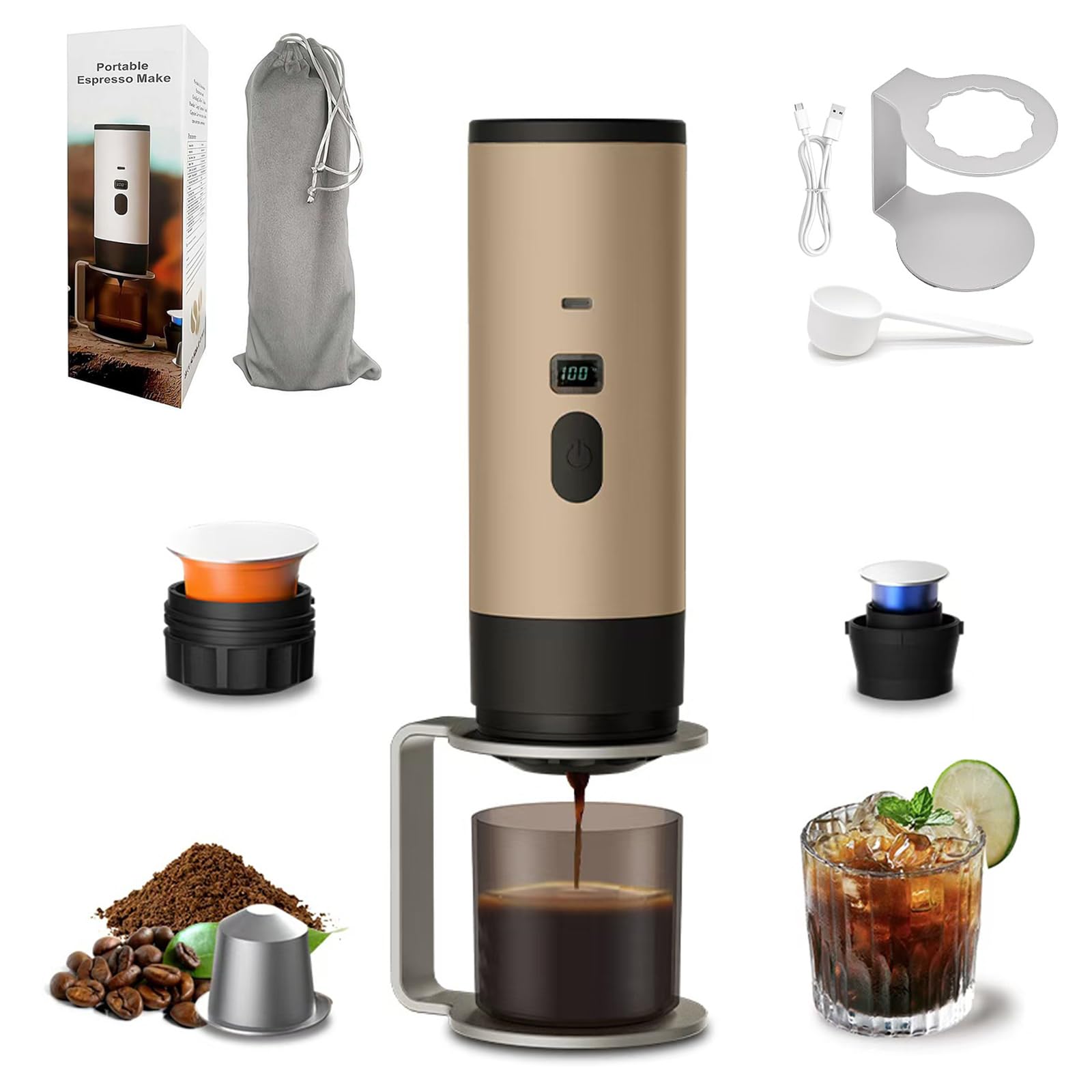 Générique 3 En 1 Machine a Cafe Portable, Machine à Café Expresso électrique Avec Écran LED et Réservoir 90ml, Auto-Chauffante, Avec USB-C, Compatible Café Moulu & Capsules (Champagne) - 1