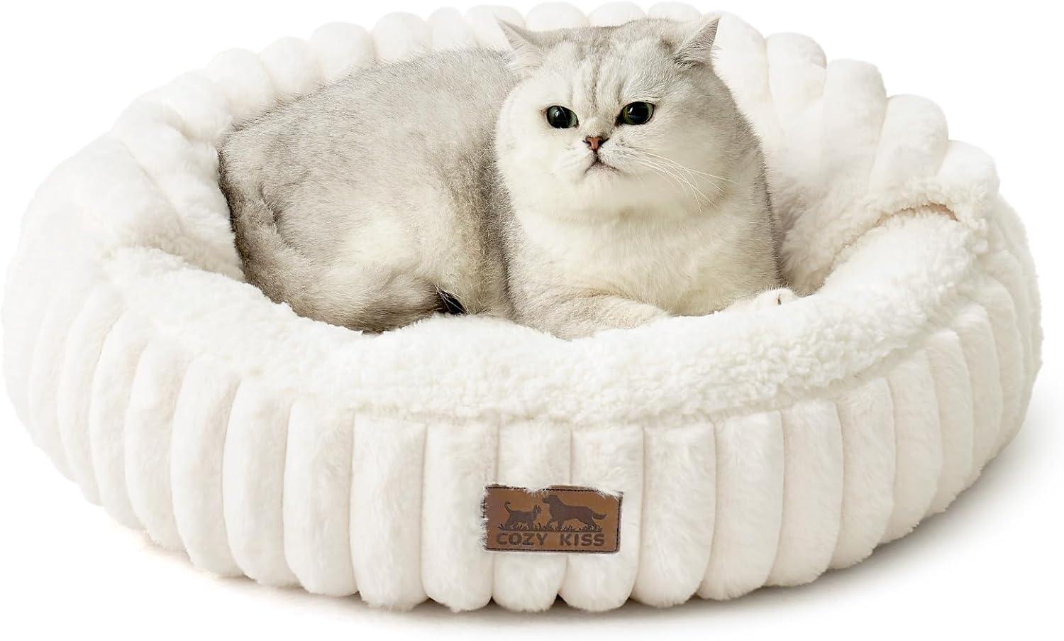 Cat Bed with Hooded Blanket, Round Fluffy Anti-Anxiety Pet Bed for Cats/Small Dogs, Cozy Donut Cuddler with Machine Washable Faux Fur & Anti-Slip Bottom(23"×23"×6",Cream) Cream 23"×23"×6"