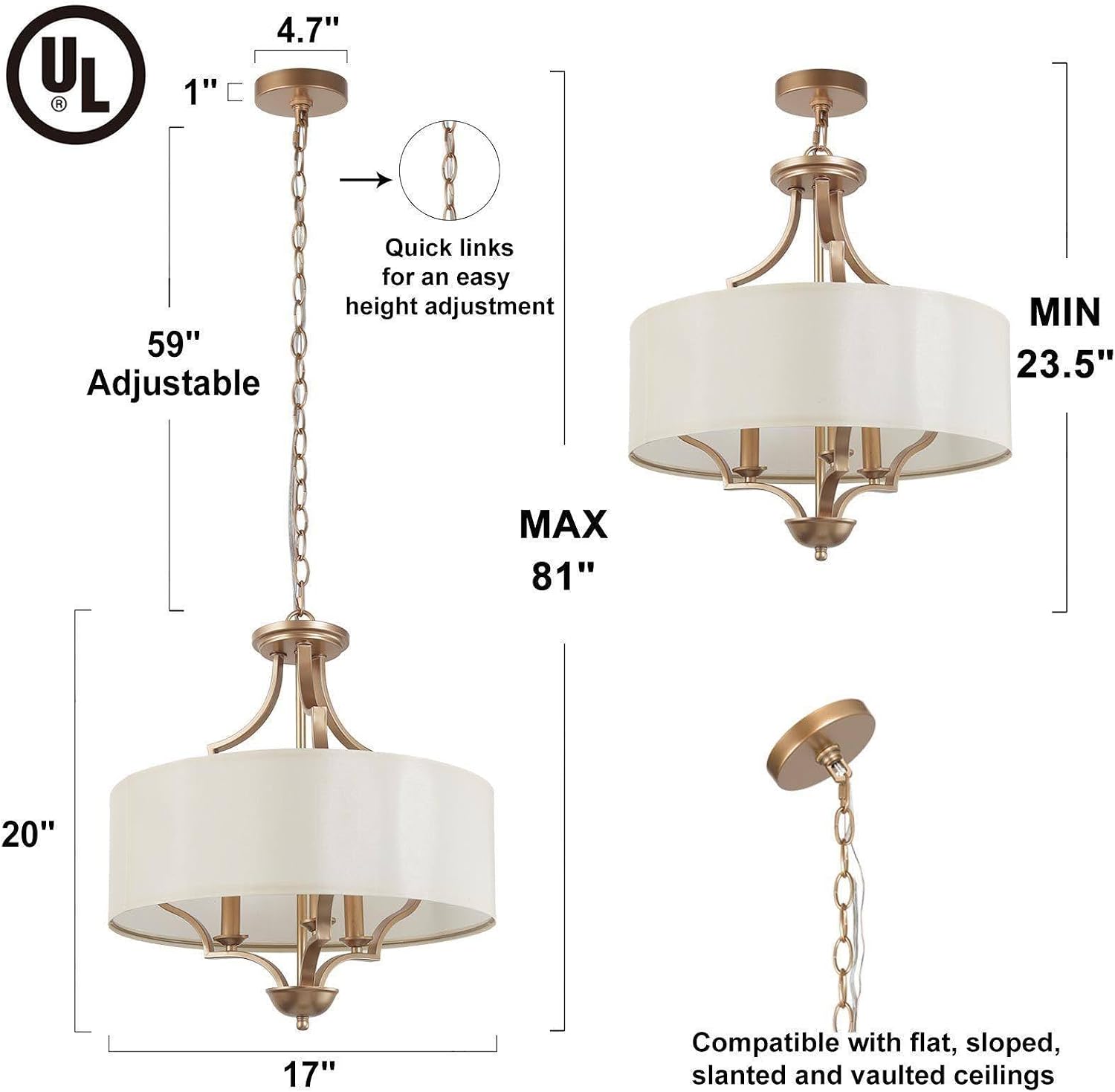 KSANA Gold Chandelier, 3-Light Modern Drum Pendant Lights Fixtures with White Fabric Shade, 17'' Mid-Century Chandeliers Light Fixture for Bedroom Dining Room Kitchen Foyer Entryway