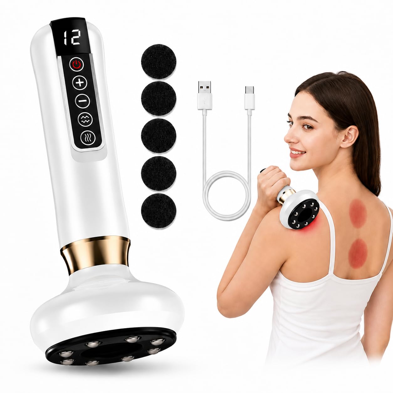 Cellulite Massagegerät Elektrisch, Anti Cellulite Massagegerät mit 12 Saugstufen & Wärmefunktion, Schröpfgerät Elektrisch, Gua Sha Massager für Bauch, Taille, Rücken, Arme & Beine Weiß