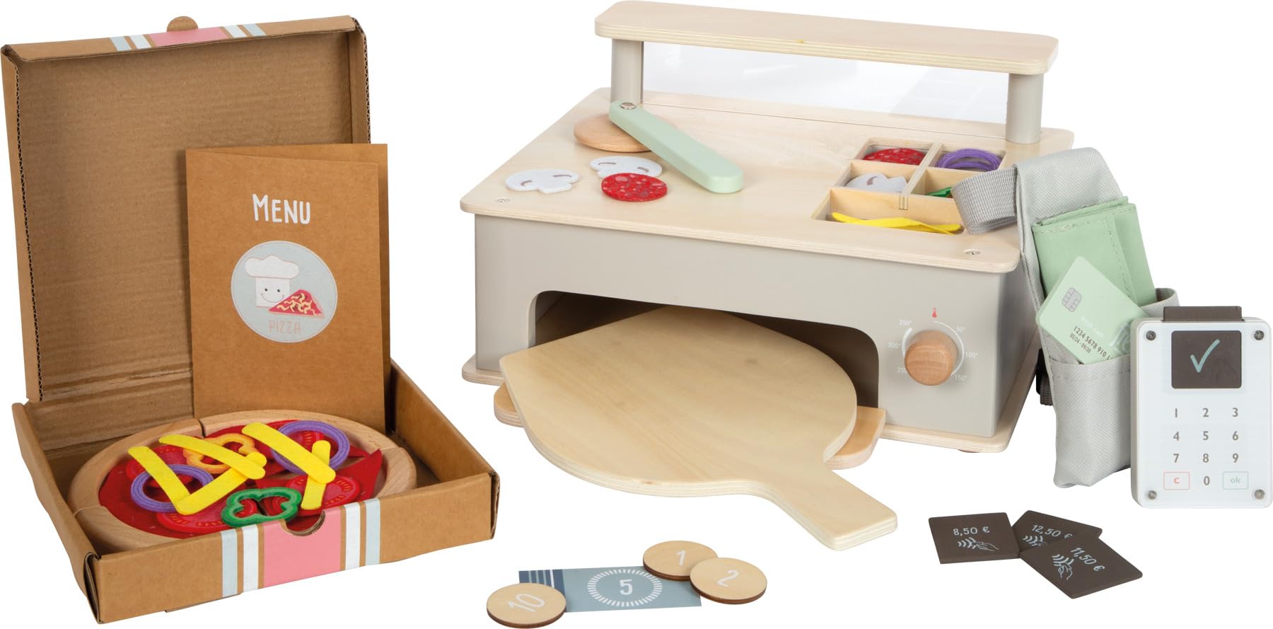 small Foot Pizzeria-Set aus Holz, multifunktionaler Pizzaofen mit umfangreichem Zubehör, hochwertiges Rollenspielset, für Kinder ab 3 Jahren, 12696, Holzfarben