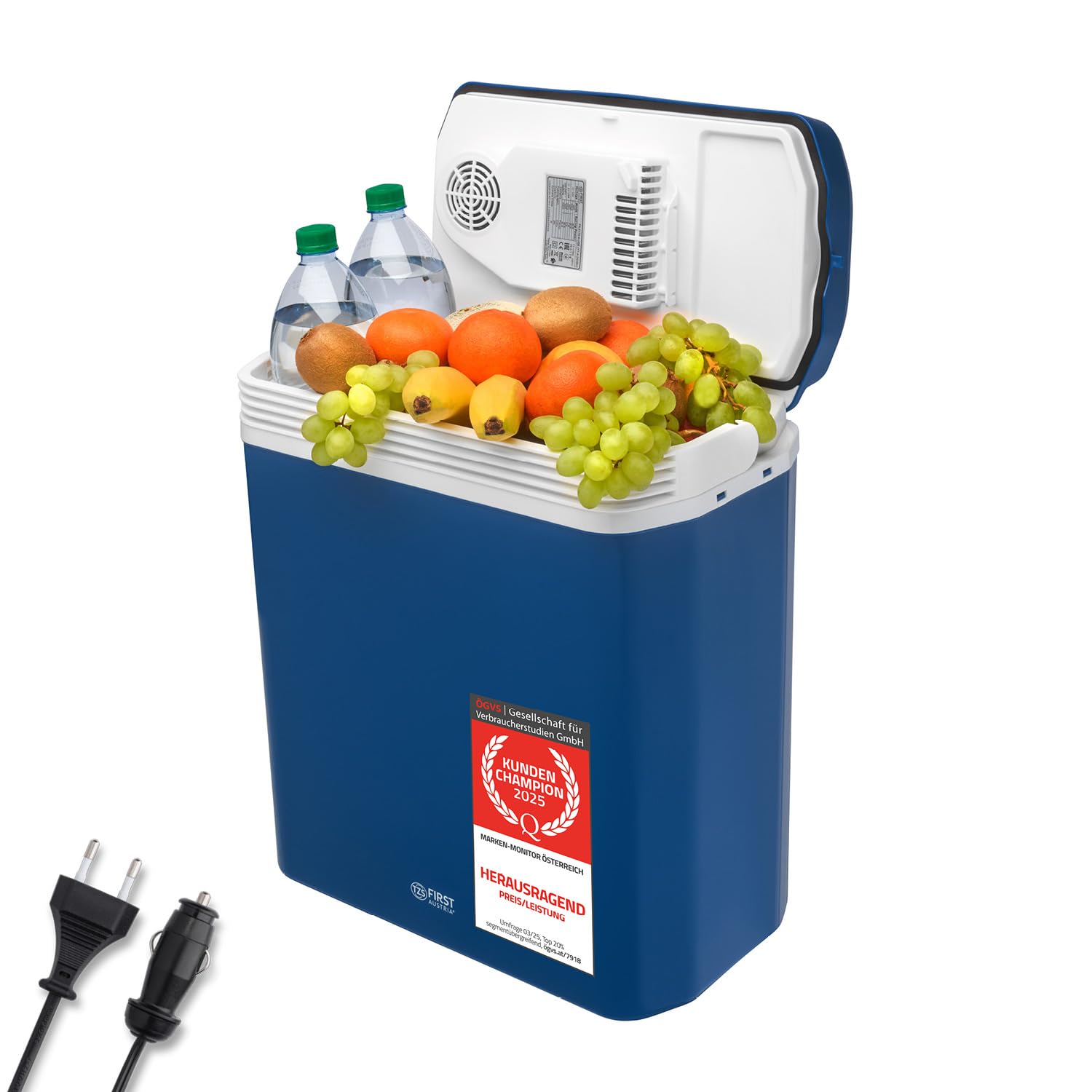 TZS First Austria - Kühlbox 24L elektrisch 12V 230V Anschluss für Auto & Steckdose - Thermoelektrische Cool Box kühlt & wärmt - Mini Kühlschrank mit Griff - Für Camping, Festivals, Reisen - Blau