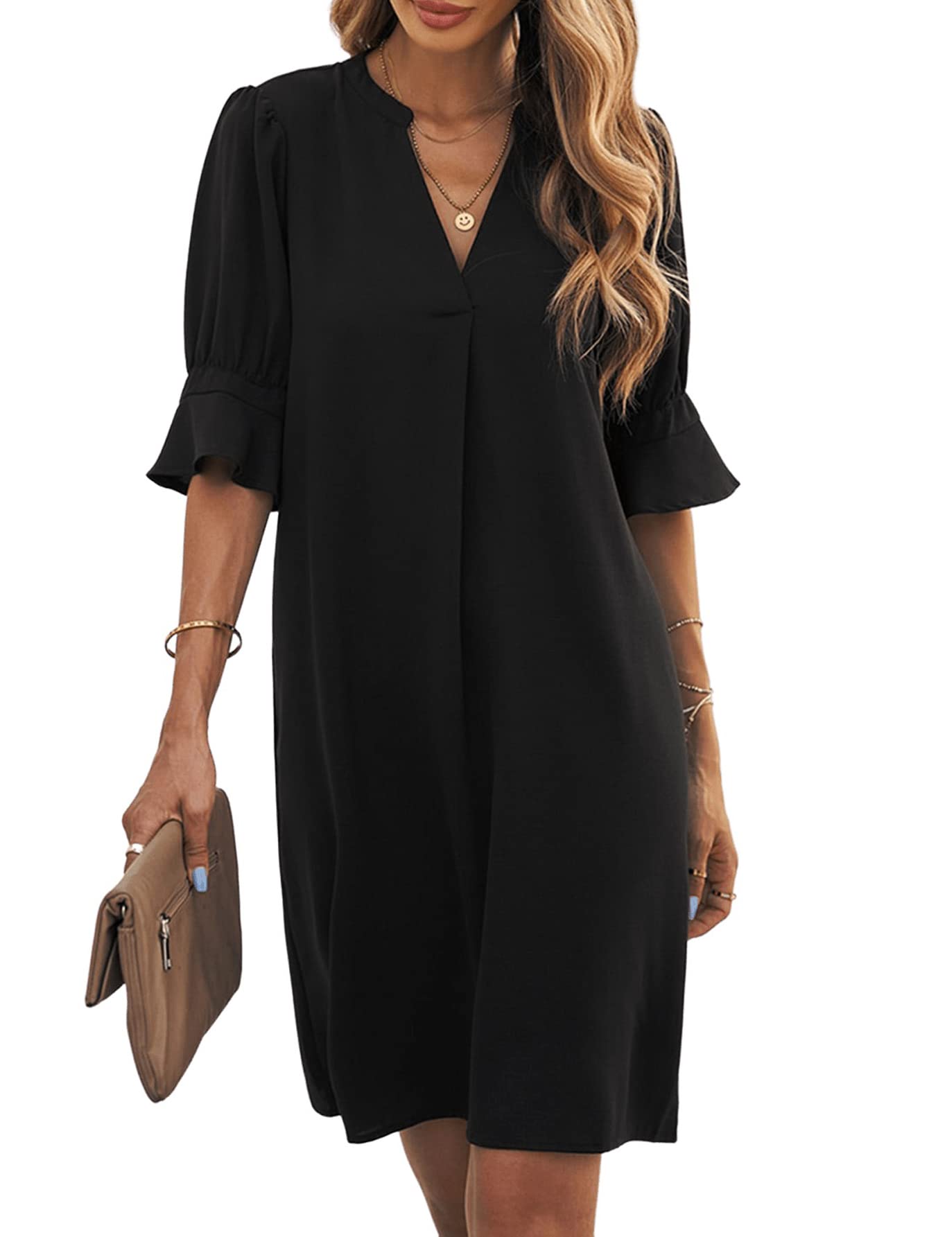 GORGLITTER Vestido de túnica para mujer, elegante, vestido corto de verano, suelto, informal, vestido de oficina, con mangas de volante