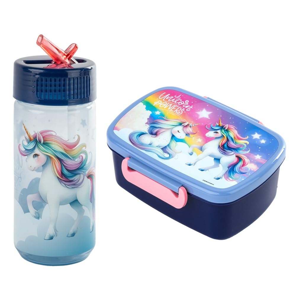Familando - Schulranzen Set - 8-teilig mit Federmappe - Einhorn Regenbogen - Ergonomisch, stabil & mit gepolstertem Rücken - 1010g leicht - 18L Volumen - Mit Reflektoren - Für Grundschule ab 1. Klasse
