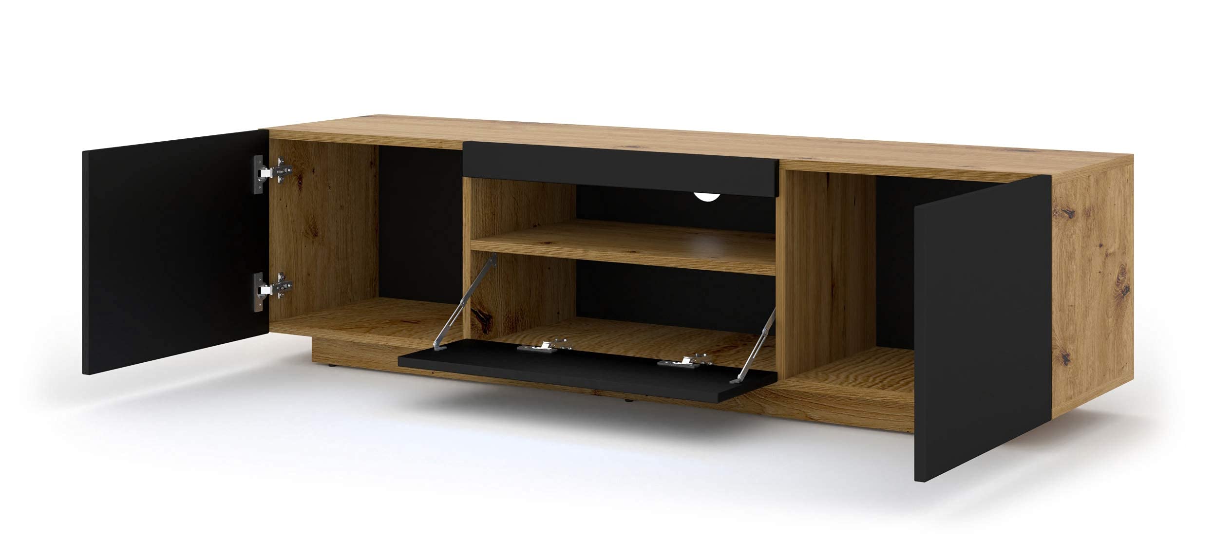 BIM Furniture Szafka pod telewizor Aura 150 cm, wisząca lub stojąca, uniwersalna szafka pod telewizor, stolik hi-fi, wisząca szafka (dąb Artisan i czarny mat, bez LED)
