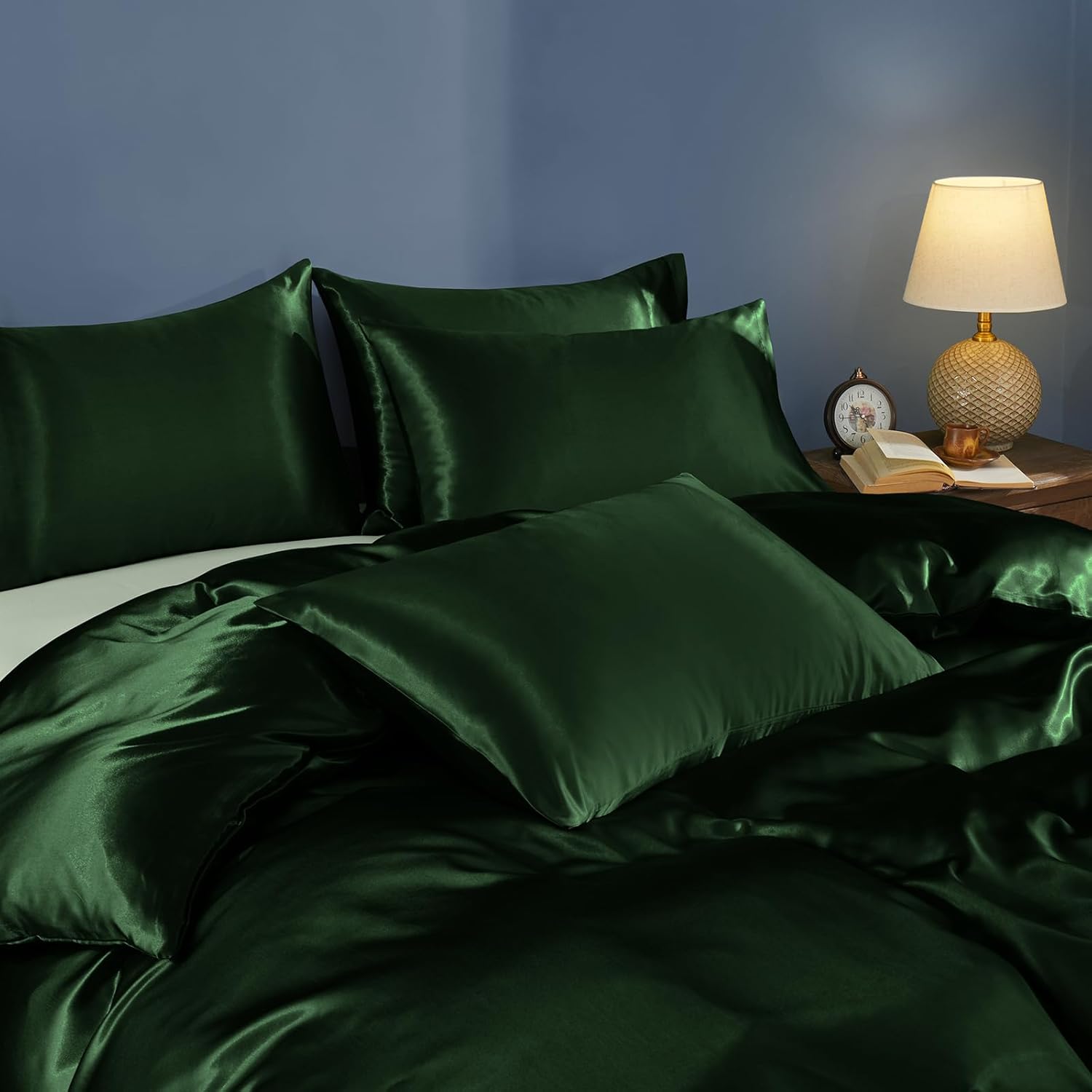 Horbaunal 5 Pieces Satin Duvet Cover Set King Size Emerald Green Duvet Cover with Corner Ties & Zipper Closure, Luxury & Silky Bedding Set, 1 Duvet Cover and 4 Pillowcases (No Comforter)