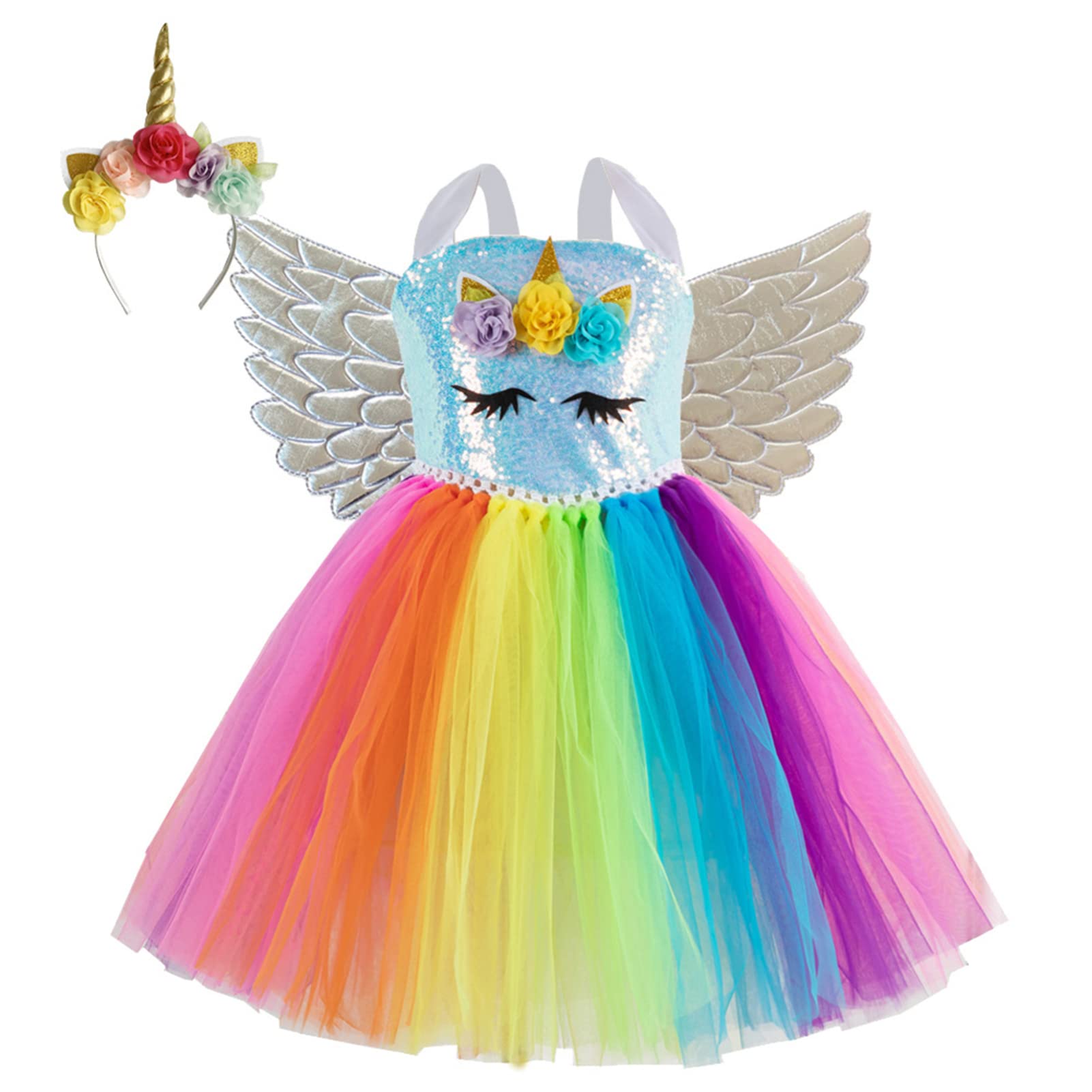 IEFIEL Disfraz de Unicornios Niñas Vestido Lentejuelas de Fiesta con Alas Disfraz Ángel de Cosplay para Fiesta Cumpleaños Carnaval