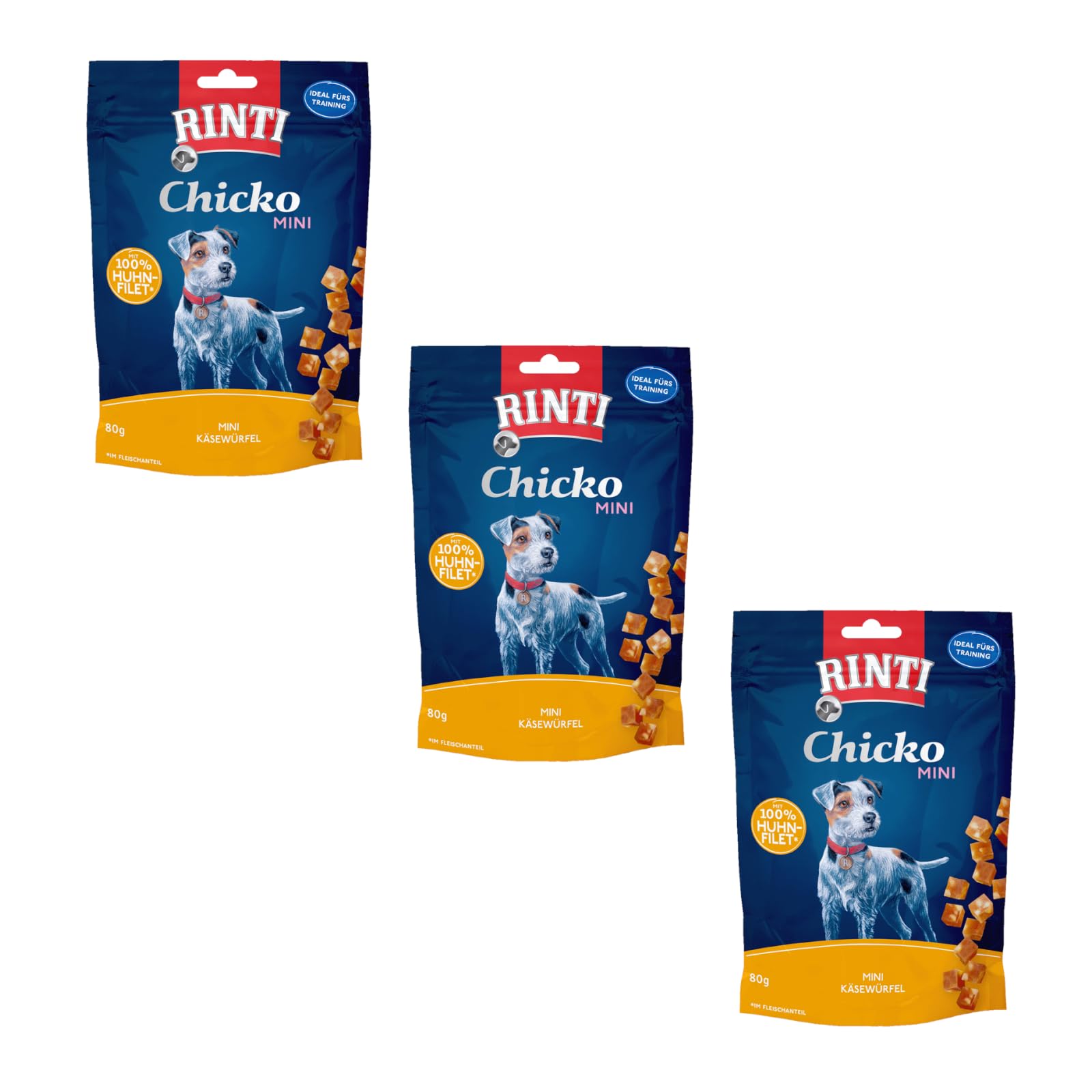 Rinti Chicko Mini Käsewürfel mit Huhn | 3er Pack | 3 x 80 g | Aus frischem Hühnerbrustfilet zubereitet | Schonend luftgetrocknet | Wiederverschließbar | Ohne Soja und Fleischmehle