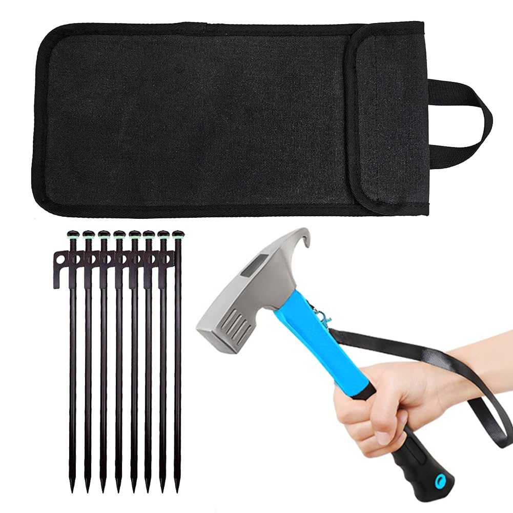 8 piquetas de acero forjado para tienda de campaña, resistentes e irrompibles, 30 cm, con bolsa de almacenamiento y martillo para camping al aire libre