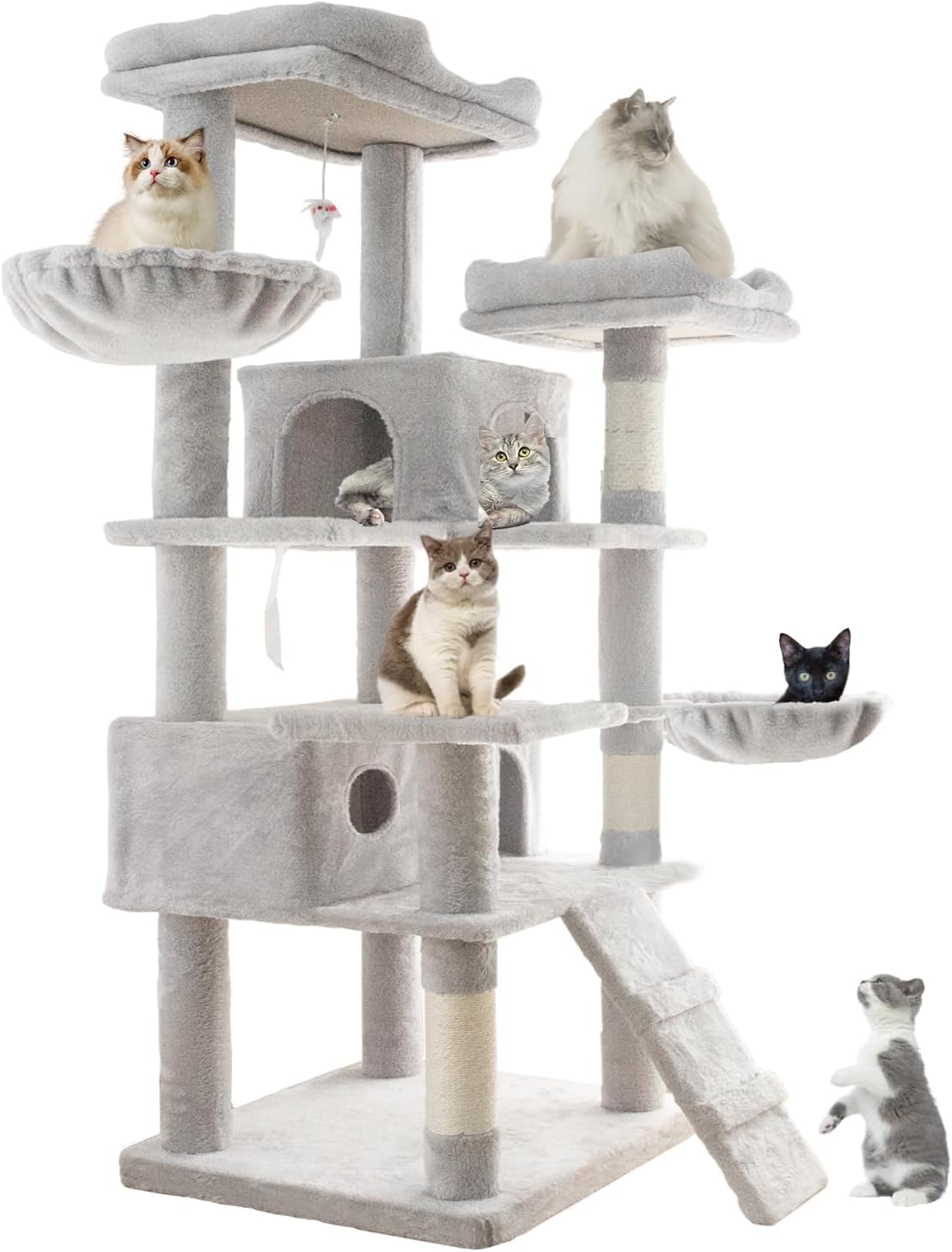 Cat Tree, Upgrade Multi-Level Cat Tree for Indoor Cats, 63 in Cat Tower with Removable Pad, Large Platform, Hammock, Scratching Posts, Condo Toys and Ladder, Activity Center for Kitten, Gray