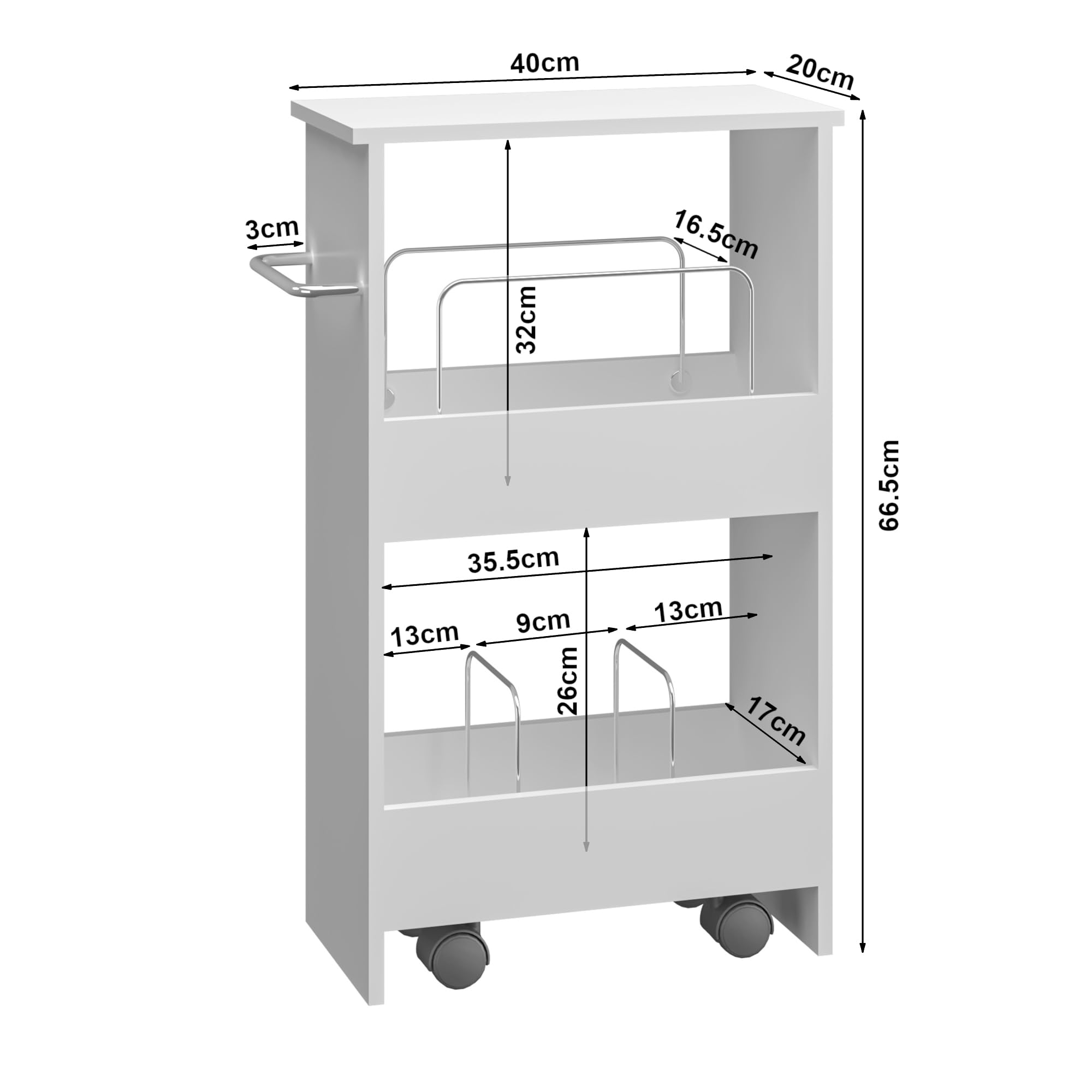 [en.casa] Carrito Auxiliar con Ruedas Katra con Barras Separadoras Mueble Baño de 2 Niveles Carro de Almacenamiento Cocina Fruteros de Cocina MDF 67 x 40 x 20 cm - Blanco