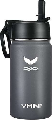 Vmini Botella de agua con pajilla, botella de agua para niños con tapa de popote de mango giratorio ancho, boca ancha, aislada al vacío, botella de
