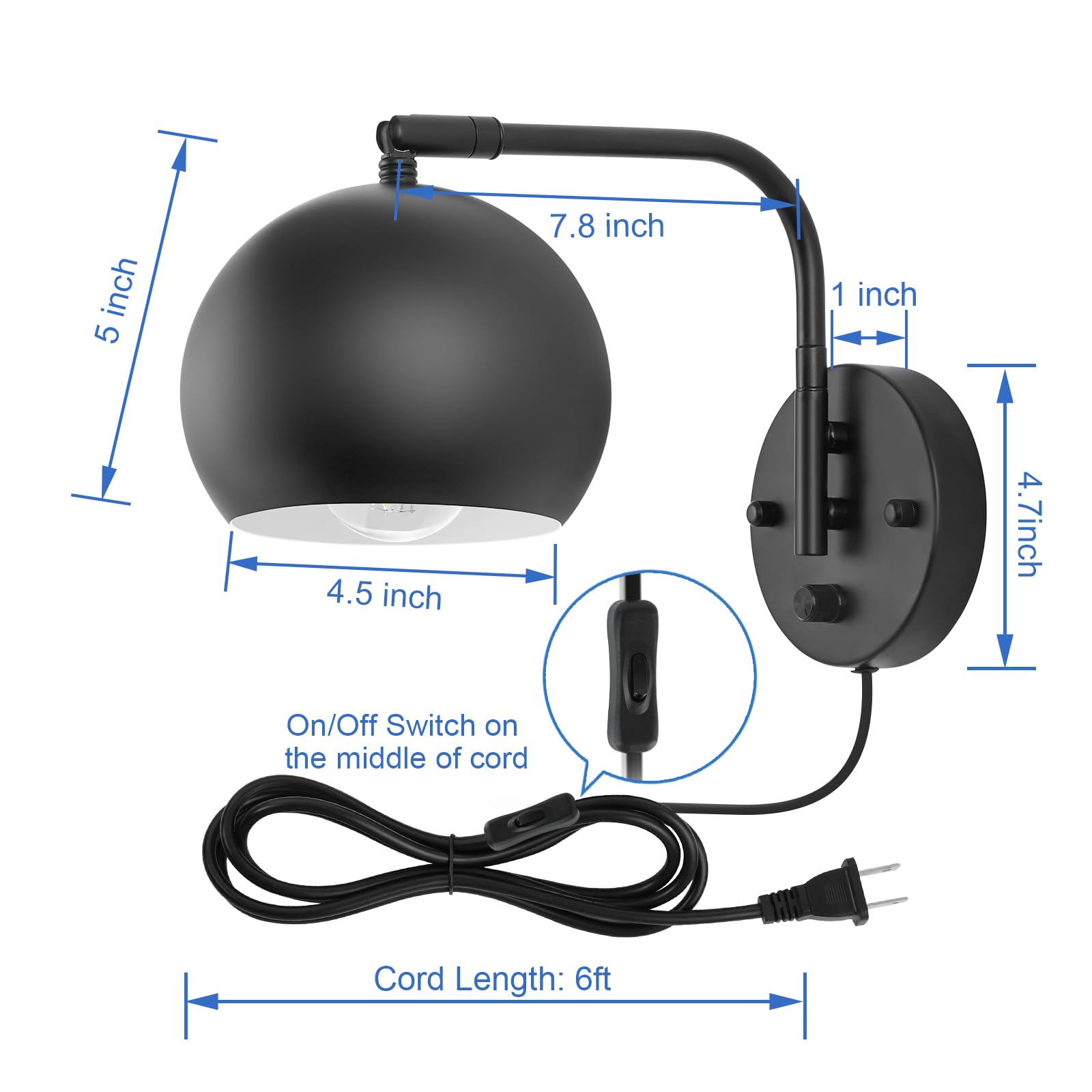 VATONI Dimmable Wall Sconces Set of 2, Plug in Wall Sconces Swing Arm Wall Lights with Plug in Cord and Dimmer On/Off Knob Switch, Black Globe Wall Light for Bedside Bedroom Bathroom(2 Bulbs Included)