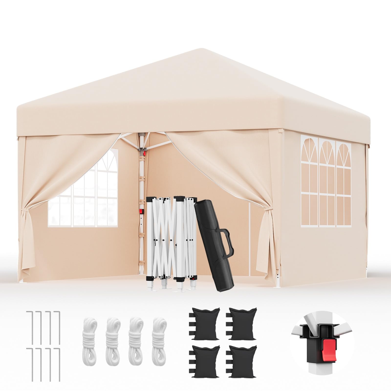 Devoko Gazebo 3x3 Pieghevole Impermeabile UPF50+ 3 Altezze Regolabili, 4 Pareti Rimuovibili, da Giardino per 8-10 Persone, Beige