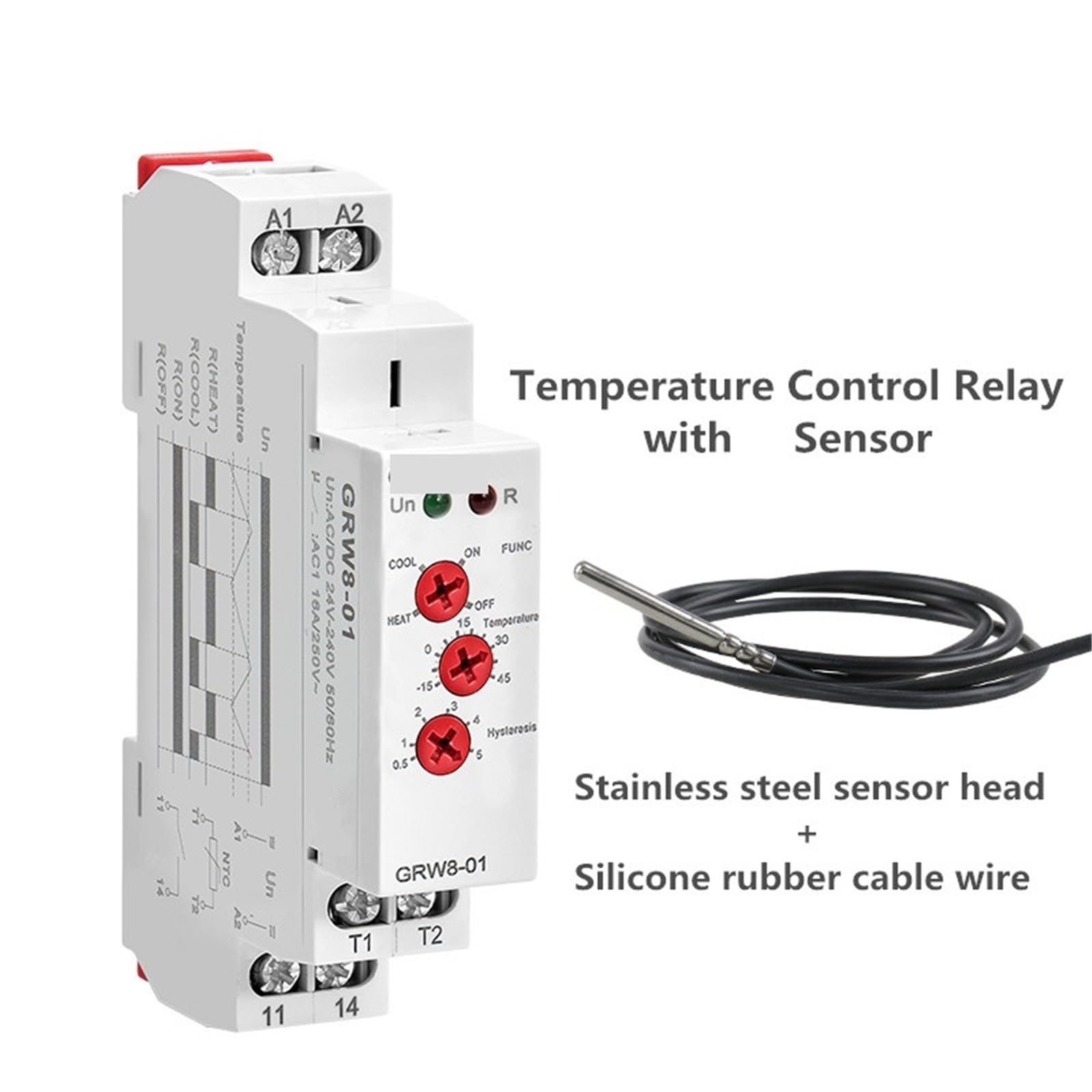 Przekaźnik regulacji temperatury GRW8 z wodoodpornym czujnikiem, AC/DC 24 V-240 V, 16 A, regulator temperatury