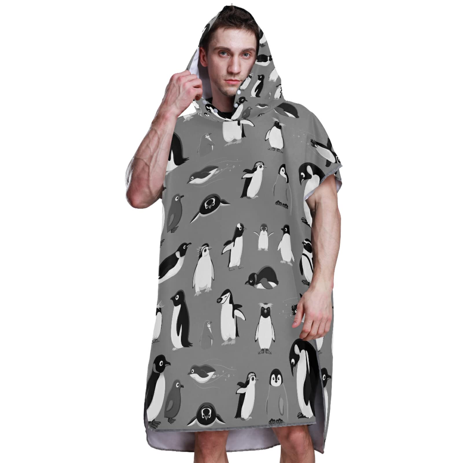 Verschiedene Cartoon-Pinguine, nahtloses Muster auf grauem Surf-Poncho, Wickelmantel mit Kapuze und Tasche, schnell trocknender Bademantel, Mikrofaser-Handtuch, Neoprenanzug für Bad, Strand, Outdoor