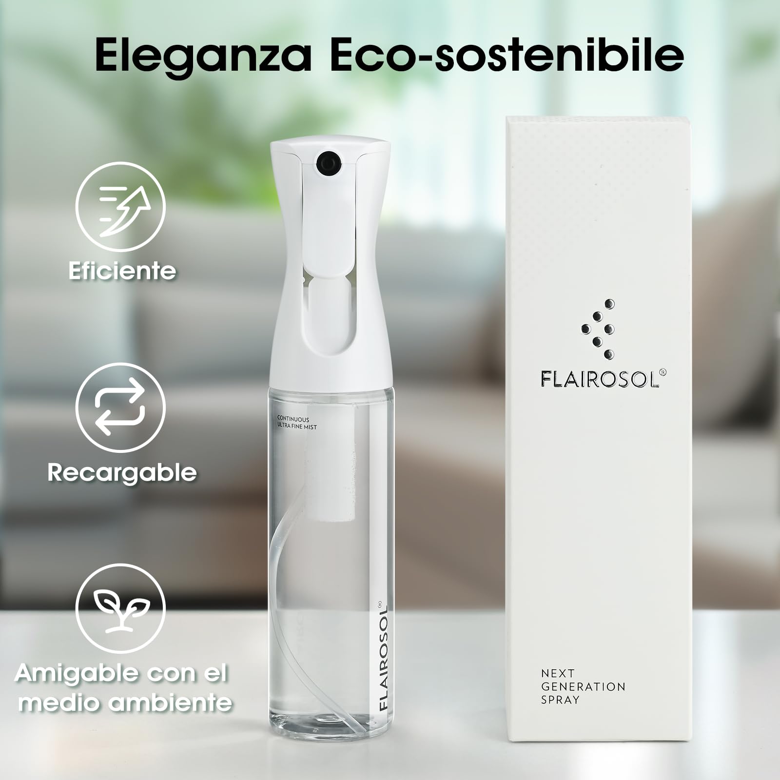 FLAIROSOL Flacone Spray Nebulizzatore per Capelli Ricci 300ml, Spruzzino Acqua Continua Fine per Barbiere/Parrucchiere - Ricaricabile, per pulizia/Piante/Animali Domestici(Trasparente, Stampa Nera)