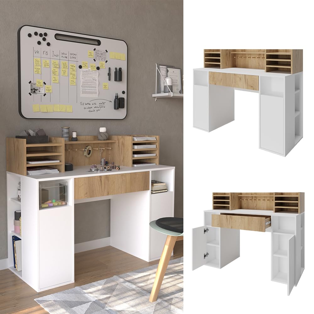 Vicco Bureau, Blanc/Sonoma, 126.8x50cm XL avec étagères, Convient comme Poste de Travail avec Passe-câbles et Surface de Rangement