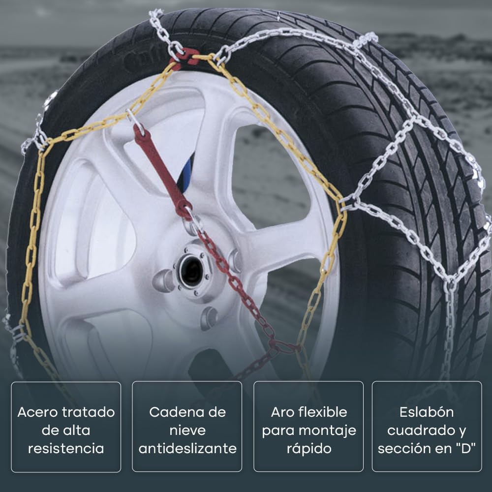KRAWEHL - Pack de 2 Cadenas de Nieve para Coche - Cadenas de Metal Tipo Malla de Rombo - Eslabones de 9 mm - con Tensor Mecánico - Universal - Antideslizantes - Grupo 10