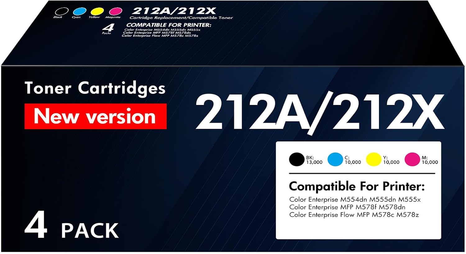 212A 212X Toner Cartridges 4 Pack: (with Chip) Compatible for HP 212X 212A W2120X W2120A Toner for HP Color LaserJet M555dn M554dn M555x M555 M554 MFP M578 Series Printer High Yield Ink (BK/C/Y/M)