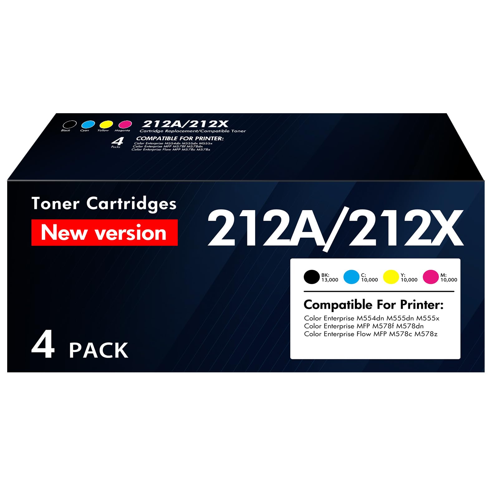212A 212X Toner Cartridges 4 Pack: (with Chip) Compatible for HP 212X 212A W2120X W2120A Toner for HP Color LaserJet M555dn M554dn M555x M555 M554 MFP M578 Series Printer High Yield Ink (BK/C/Y/M)