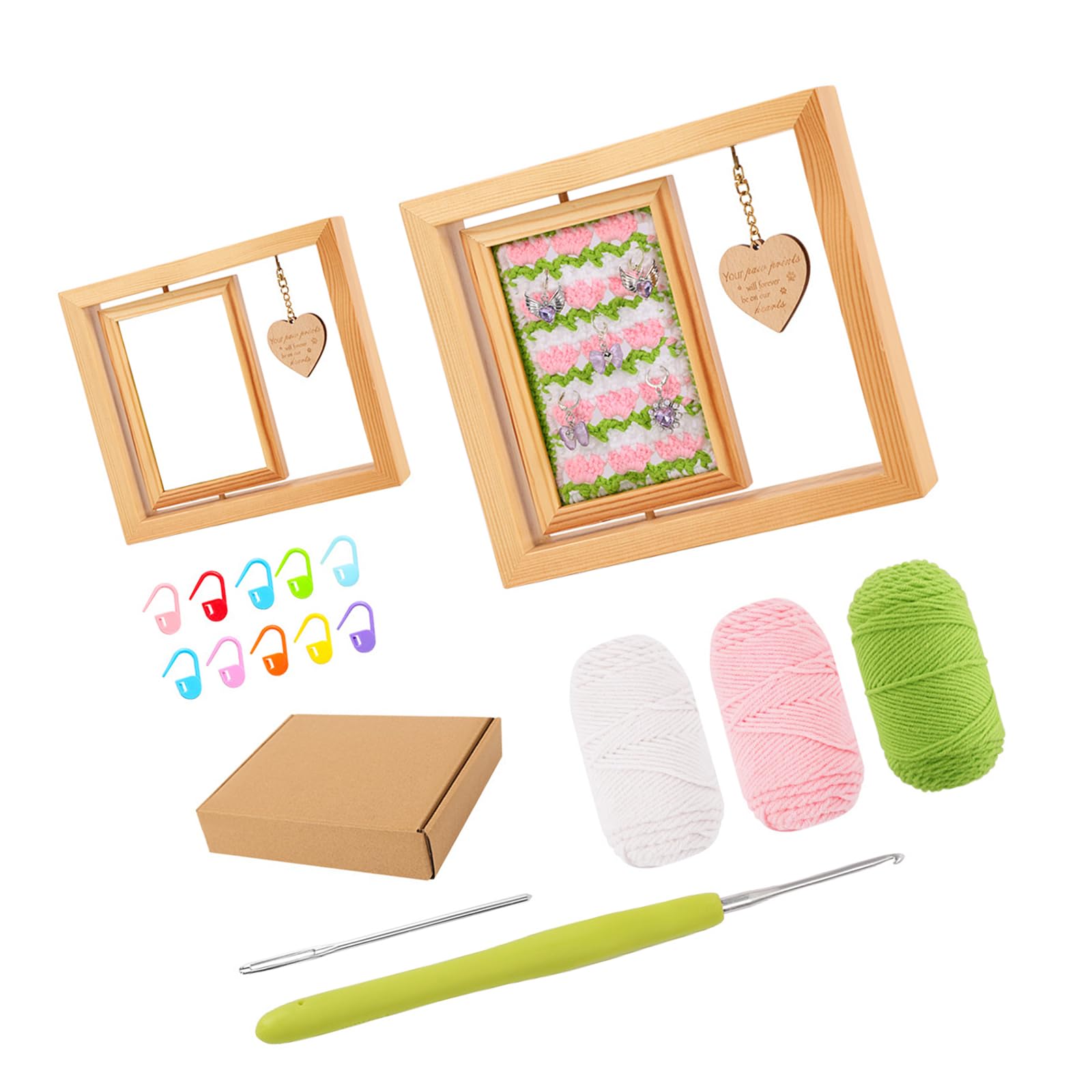 Snorvixre Yarn Crafting Set Included Step by Instruction Wood Frame Hook Yarn for Beginner Knitting Project Beginner Crochet with Wooden Frame and by Instructions