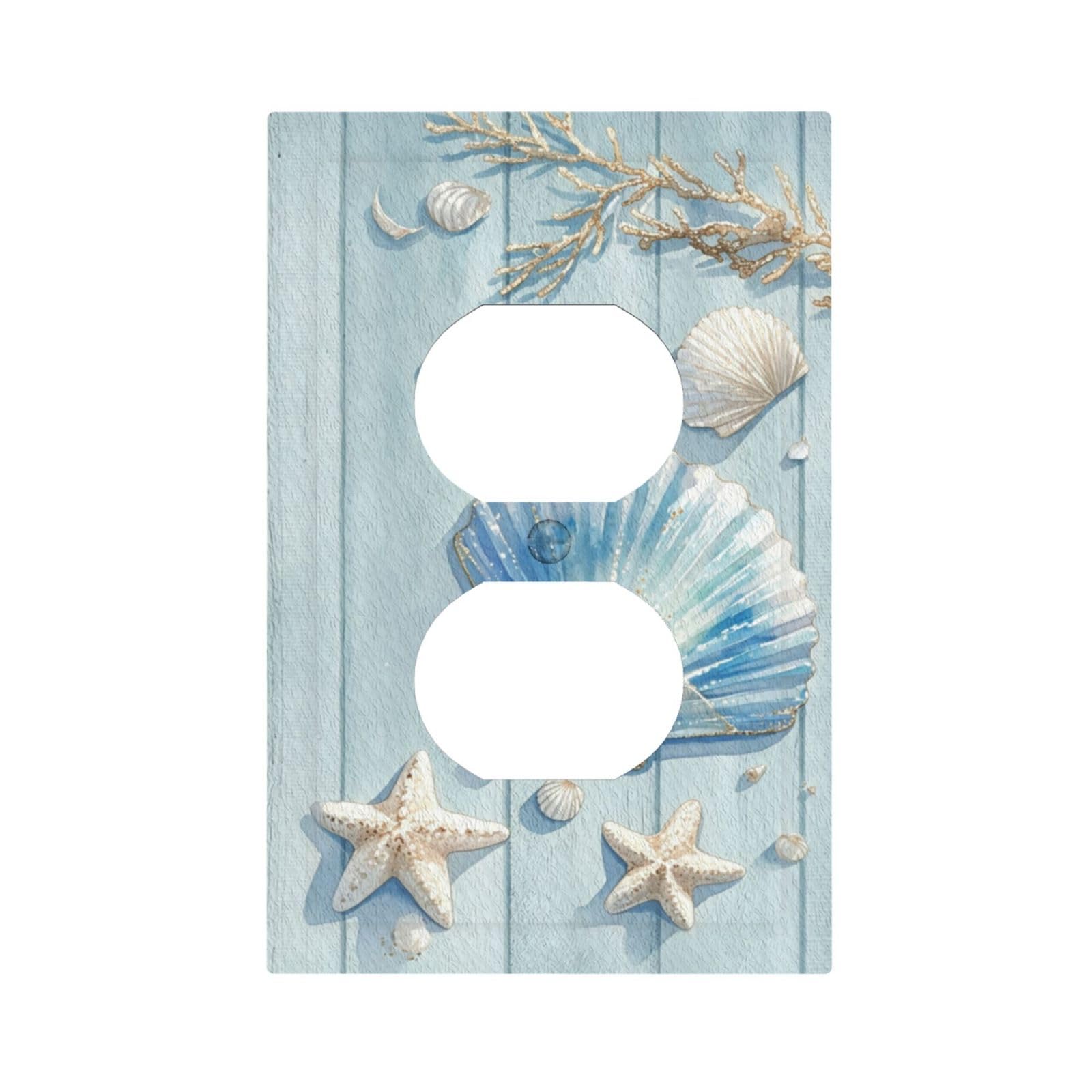 Dwbguo Decorative Outlet Covers Coastal Seashell Starfish 1 Gang Duplex Light Switch Cover Plate Nautical Watercolor Blue Wood Beach Unique Wall Plates Switch Plate Cover for Bathroom Home Decor