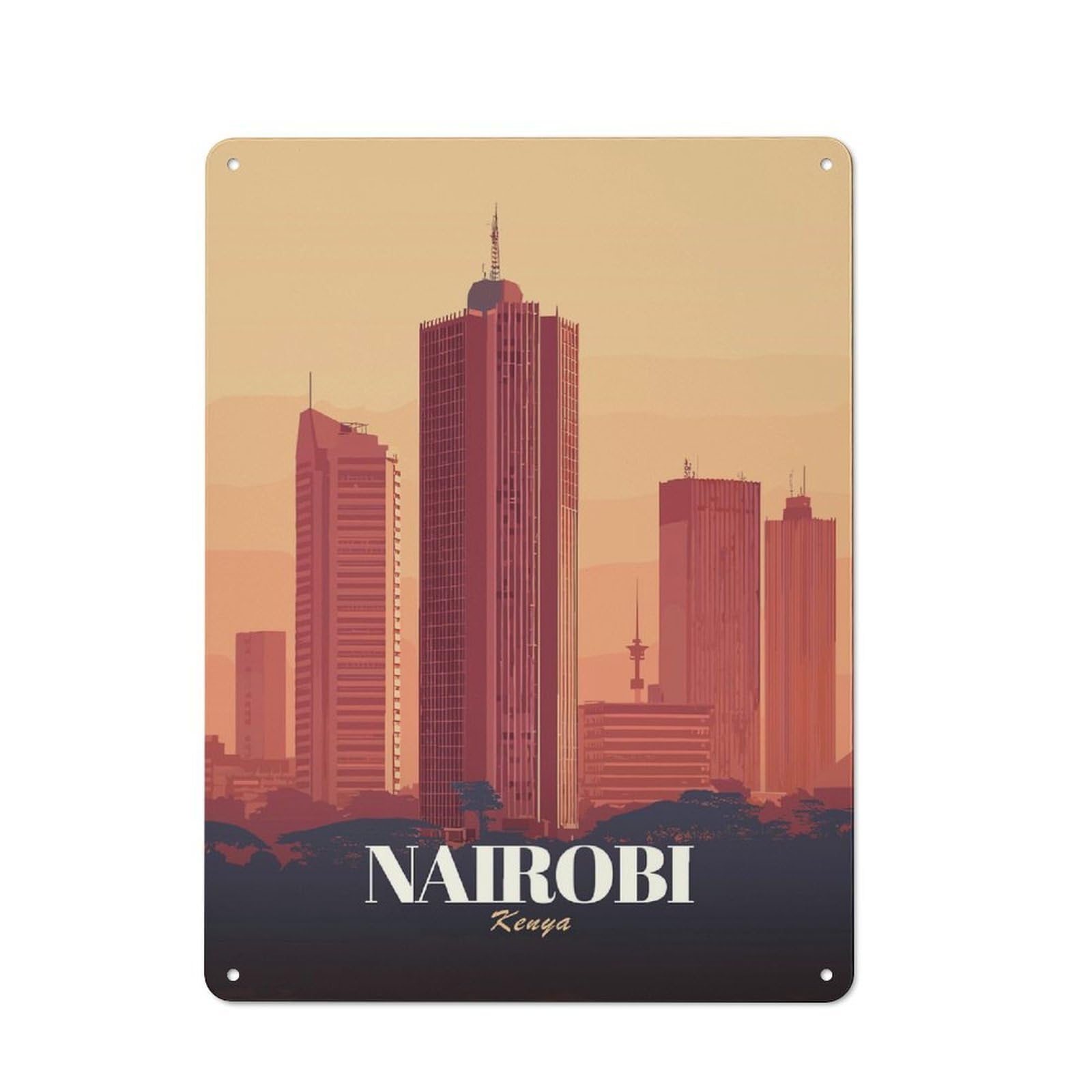 Junmoney Style-1 Classic Vintage Metal Sign 40X30cm Featuring Nairobi Kenya Skyline Illustration, Classic Pub Decor For Bar, Kitchen, Garage Or Games Room
