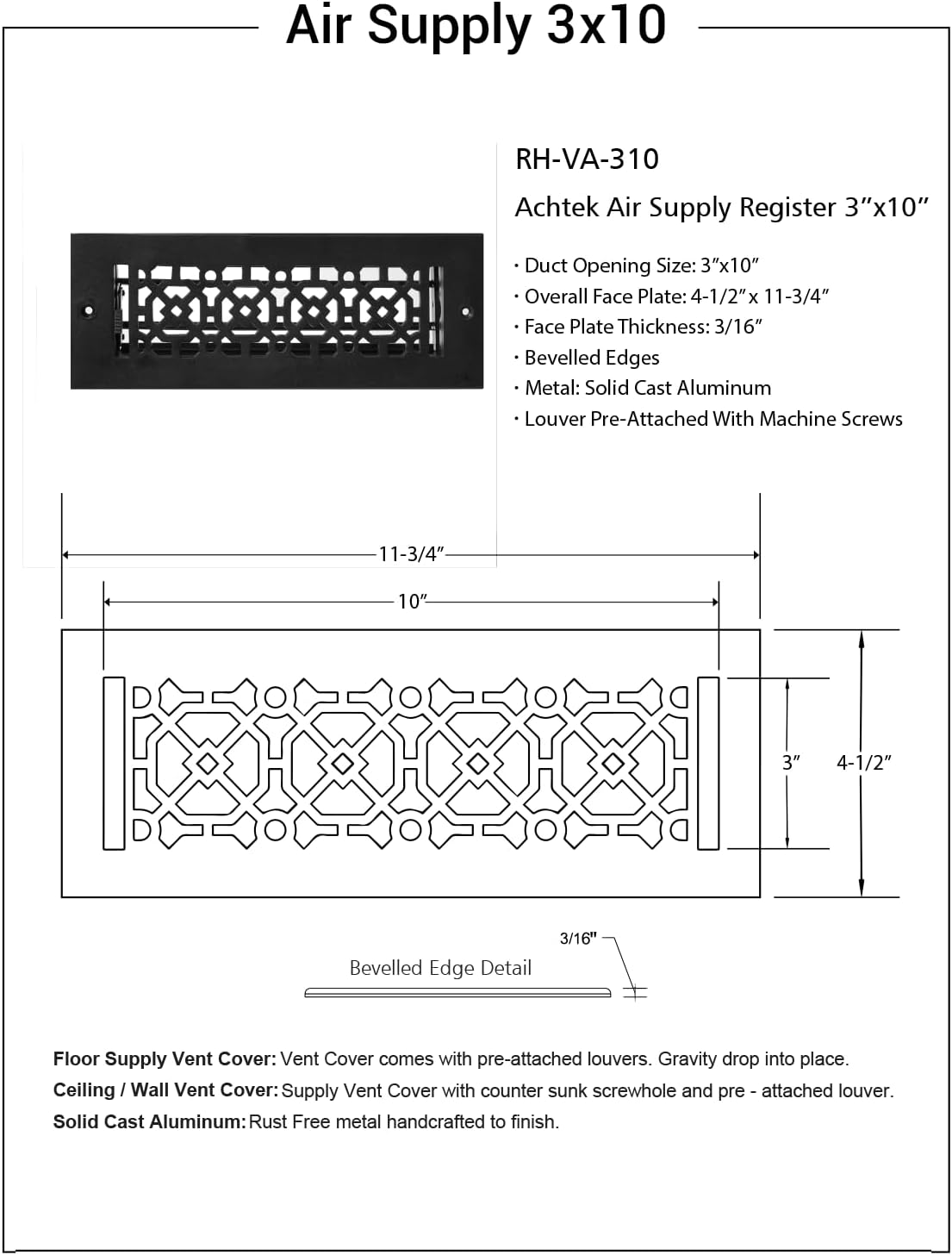 Achtek 3"x10" Duct (4-1/2"x11-3/4" Overall Size) Solid Cast Aluminum HVAC Air Supply Grill for Wall-Black with Screw Holes with Detachable Steel Louver | Powder Coated