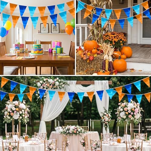 Image of 130FT Lakeblue LightBlue Orange Triangle Pennant Banner Flag Metallic Fabric Bunting Garland for Christmas Graduation Wedding Anniversary Bachelorette Birthday Bridal Shower Valentines Party Supplies