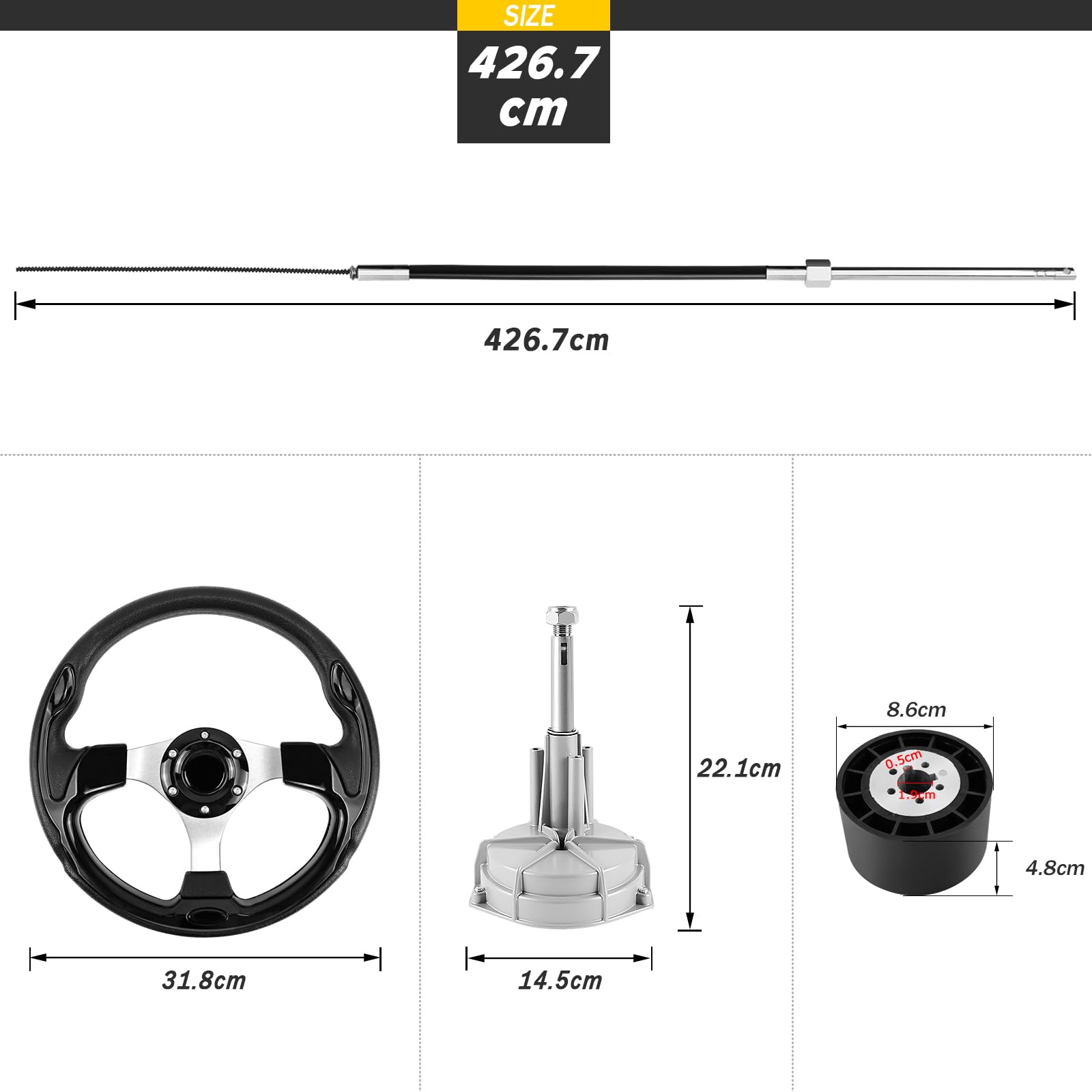 Bootslenksystem, mechanisches Rotationslenkungs-Kit, 426,72 cm Kabel-Steuerkabel Außenborder, Marine-Lenkungssysteme für Yachten, Fischerboote und andere Wasserfahrzeuge - mit Lenkrad