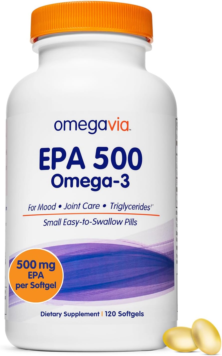 OmegaVia EPA 500 Omega-3 Fish Oil, 120 Capsules, 500 mg EPA/Pill, High-Purity EPA Formula (Triglyceride Form), IFOS 5-Star Certified, w/Fish Gelatin Capsule, Gluten-Free, Non-GMO