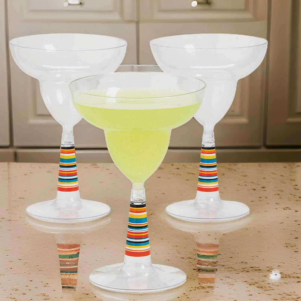 Fun Express Set of 12 Pieces Serape Plastic Margarita Glasses, Each Holds 8 oz, BPA Free Plastic, Cinco de Mayo and Fiesta Party Supplies, Clear
