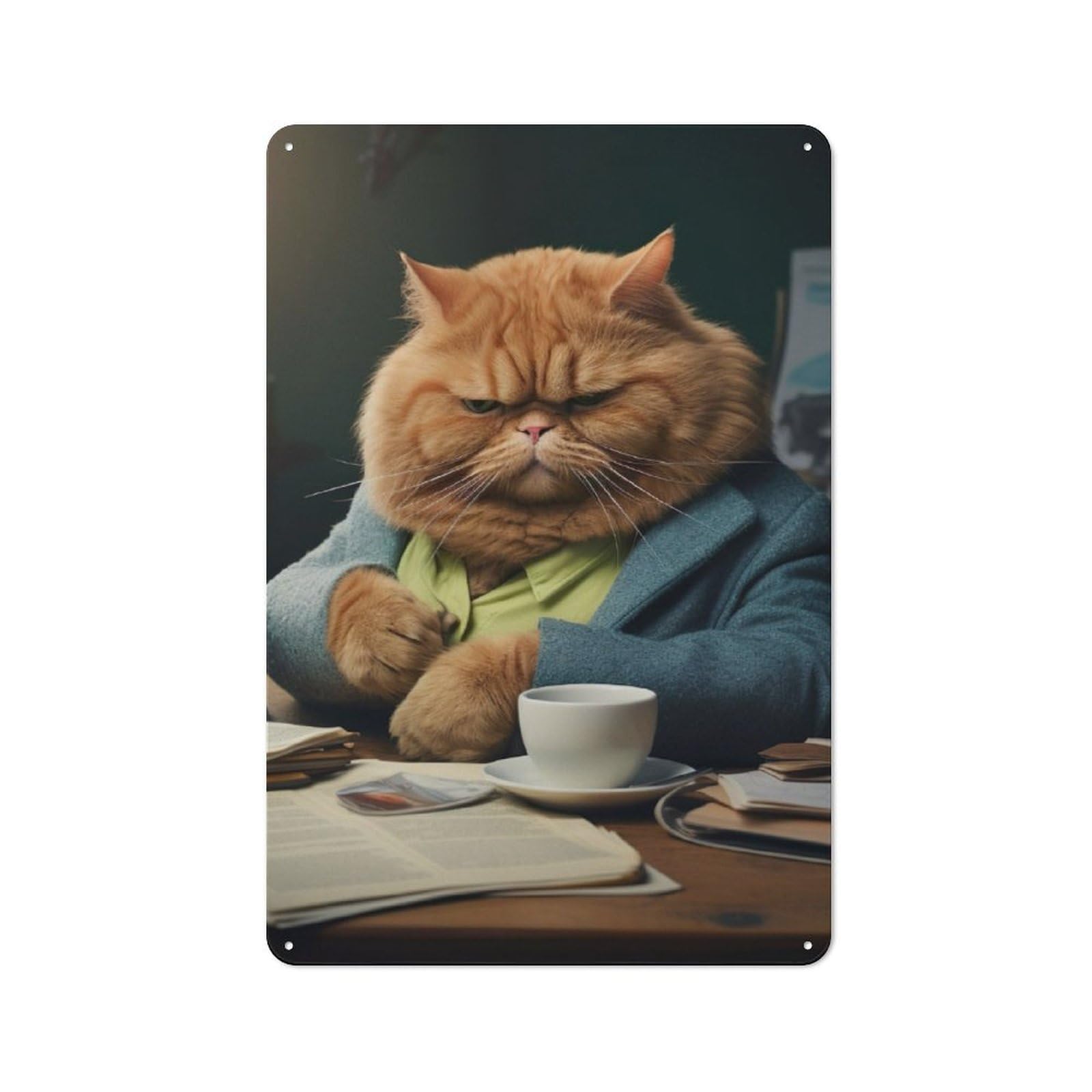Angry Cat In Office Metal Wall Plaque, Clean Printed Wall Decor for Home Bar, Pub Room Or Drinks Corner, 30x20cm