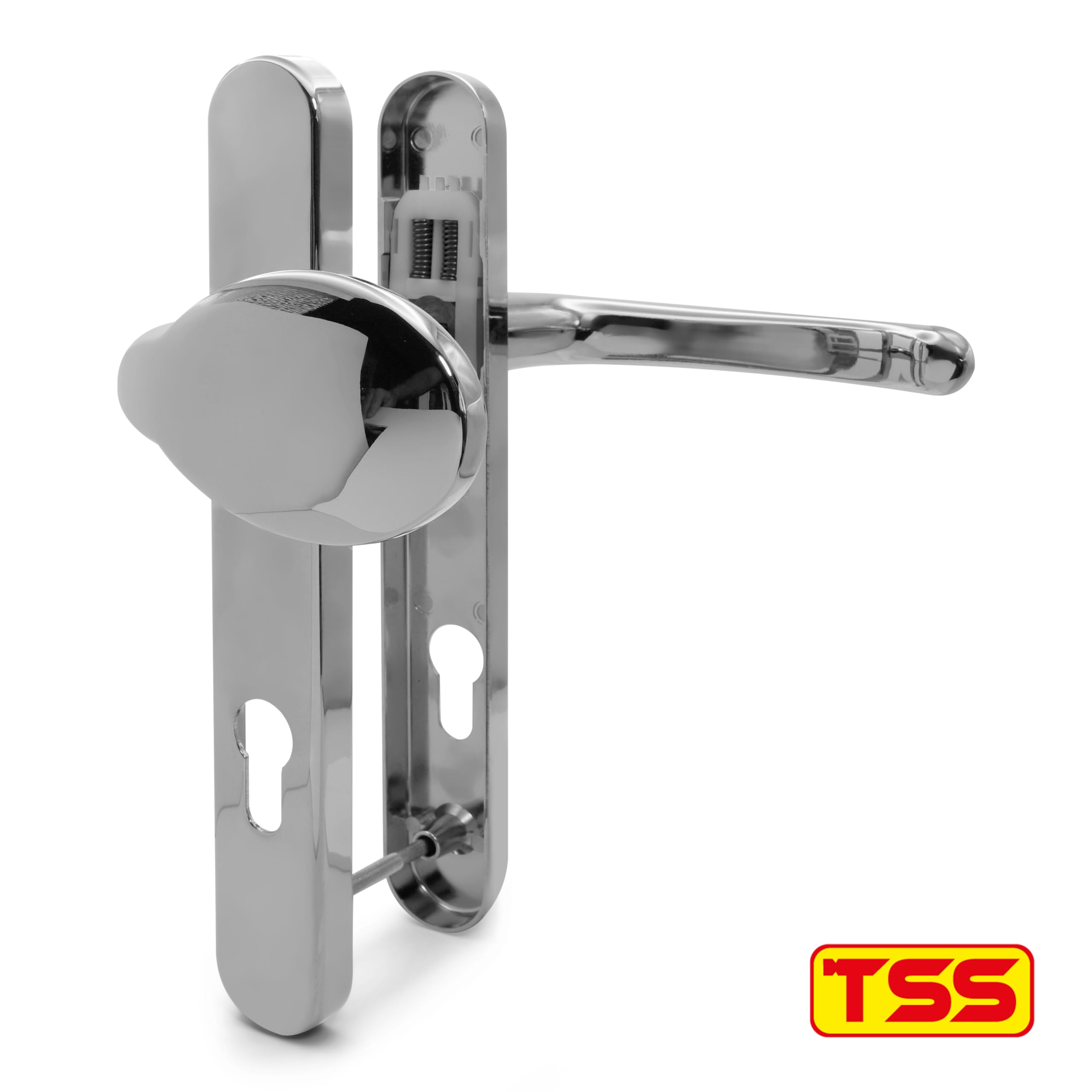 TSS Polished Chrome UPVC Door Handle Pair Set, Sprung, 92mm PZ (Centres), Lever Moveable Pad - Image 4
