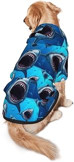 Extra Large Dogs Great White Shark Teeth Blue Hooded Sweatshirt for Australian Shepherd, Border Collie, Outdoor Walking, Functional Pocket Pullover Coat