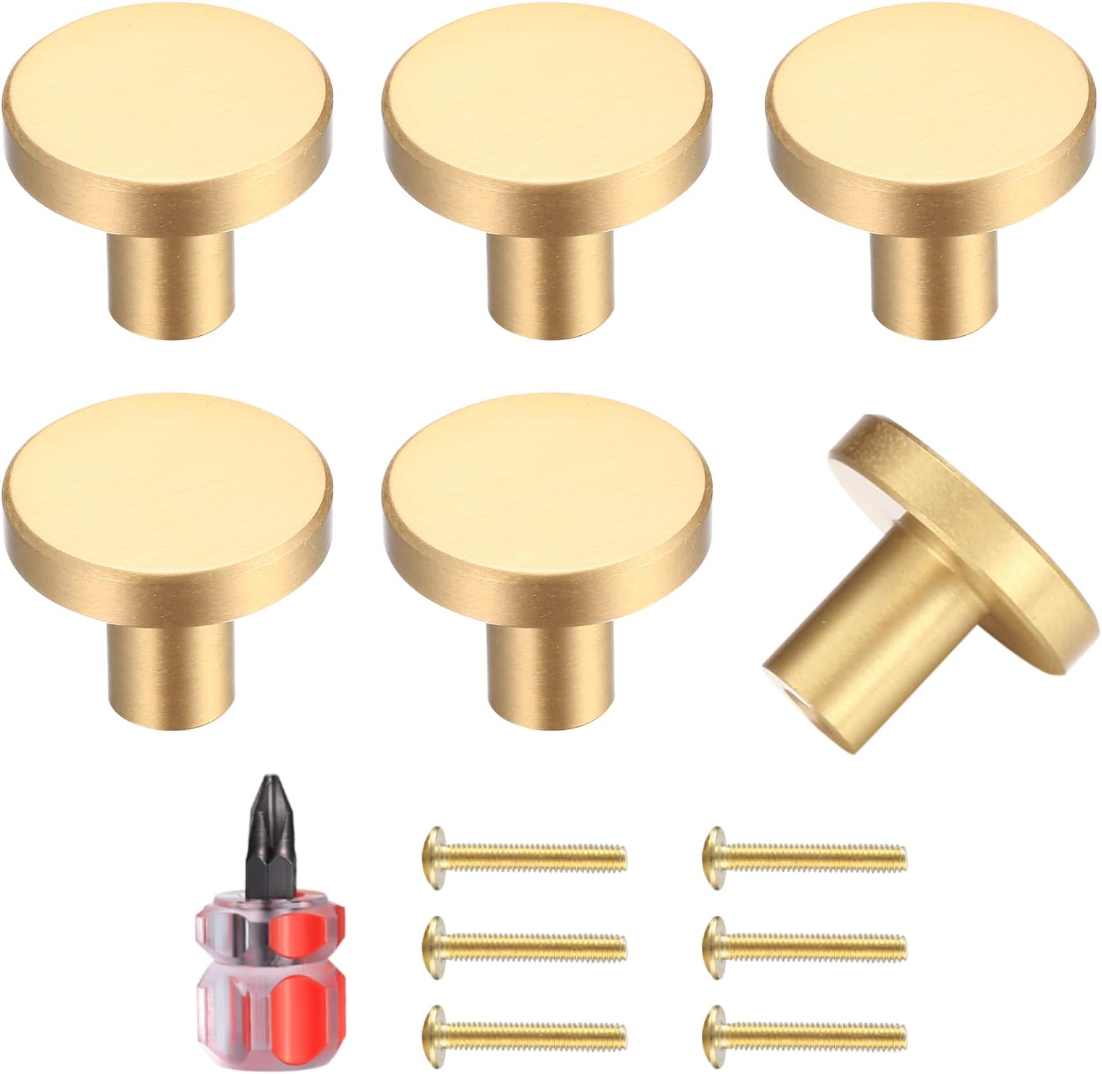 Yibaijia 6 Pcs Round Cabinet Knobs, Gold Brass Drawer Knobs, Door Kitchen Hardware Cupboard Knob, Stainless Steel Single Hole Handle with Screws for Home Decorating, Cupboard, Wardrobe (20mmx25mm)