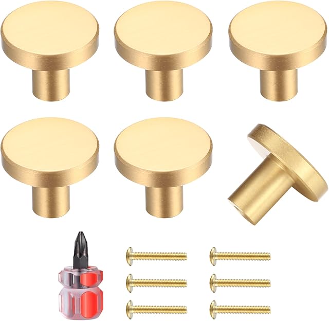 Yibaijia 6 Pcs Gold Brass Drawer Knobs, Round Kitchen Cabinet Pulls Door Knobs for Chest of Drawers Furniture Cupboard Dresser Wardrobe Door Handles and Knobs, with Screws and Screwdriver - 20x25 mm