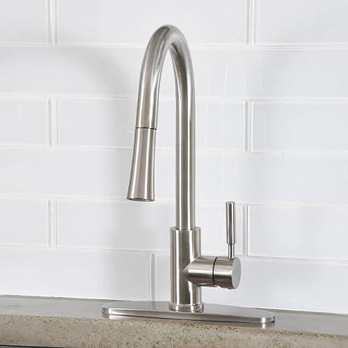 Miniatura 5 de Tienda Basics Grifo rociador desplegable de cocina moderno de un solo mango, níquel satinado