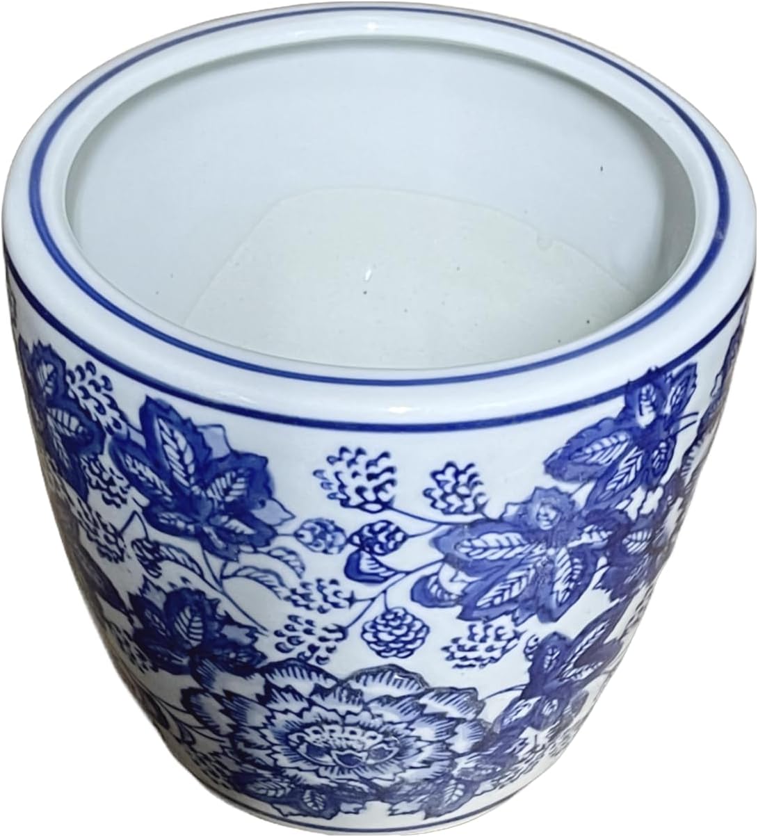 8" D Beautiful Oriental Peonies Flowers & Leaves Blue & White Ceramic Planter Pot