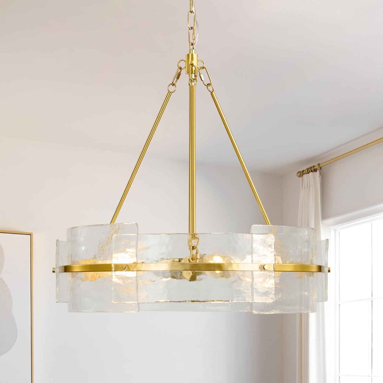 Modern Glass Chandeliers for Dining Room: 22" Drum Kitchen Chandelier Over Table - Mid Century Brushed Gold Hanging Light Fixtures - Luxury Water Ripple Crystal Fixture for Living Room Foyer Bedroom
