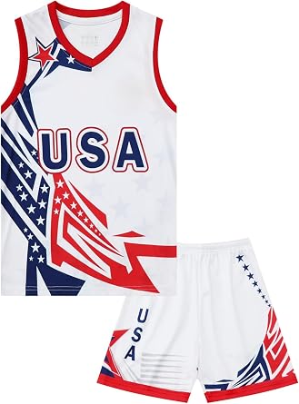Kids USA Basketball Jersey Set Boys American Flag Athletic Shirts Sleeveless Tank Top and Track Shorts