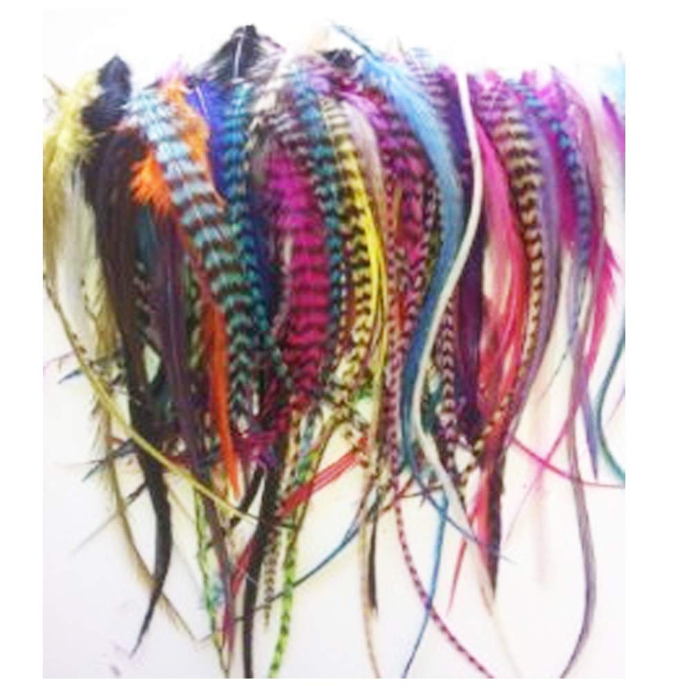 100 Feathers for Hair Extensions Real Rainbow Colors of Mixed Genuine Grizzly and Solid Feathers Ranging 4"-6" in Length Plus (20) 5mm Micro Beads(you