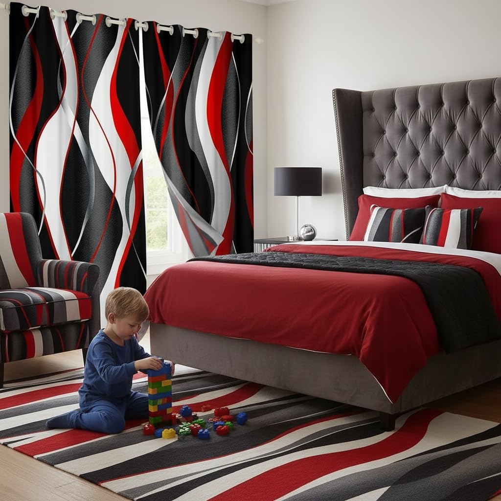 Cortinas Rojas y Grises Negras con patrón geométrico en Espiral, Cortinas de Ventana para niños y niñas, tratamientos de Ventana de 46 x 72 Pulgadas de Ancho