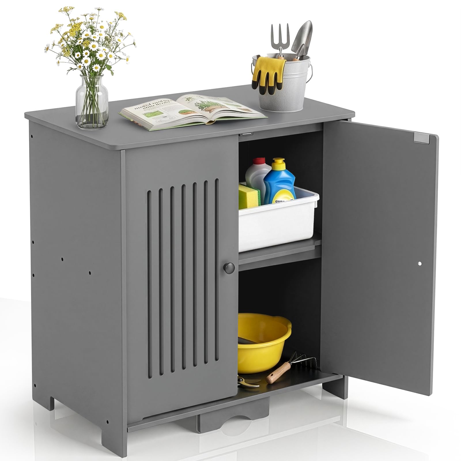 Gartenschrank wetterfest Outdoor, 69 x 43,5 x 73 cm, Hochwertiges PVC-Material, Leicht zu pflegen und zu reinigen, Geeignet für den Innen- und Außenbereich, Grau